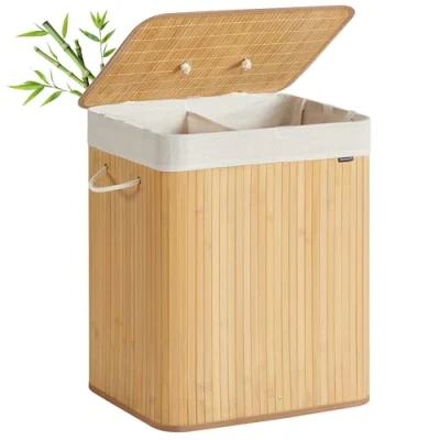 Imagen de SONGMICS Cesto de la Ropa Sucia con Tapa, 2 compartimentos, 120 L, Cesta Lavandería Bambú, Plegable, Bolsa Lavable Extraíble, Asas, para Lavandería, Dormitorio, Natural LCB014Y01