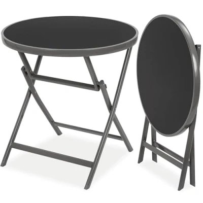 Imagen de BRUBAKER Mesa Auxiliar O de Comedor Milano Cristal Redonda Plegable como Jardín 70 cm Diámetro Metal Resistente A La Intemperie Gris Plateado