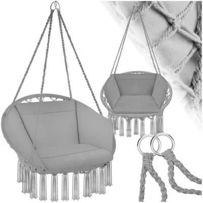 Imagen de tectake® Columpio Jardín Exterior, Silla Colgante con Cojín Grande y Mullido, Sillón Balancín Estructura Estable de Acero, Hamaca para Interior Trenzado en Algodón Gris