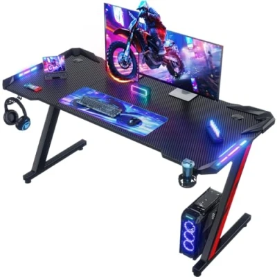 Imagen de Devoko Escritorio Gaming con Luces LED, 140 x 60cm RGB Mesa Forma Z, de Ordenador Grande Gancho para Auriculares y Portavasos, Gamer Oficina en Casa, Negro