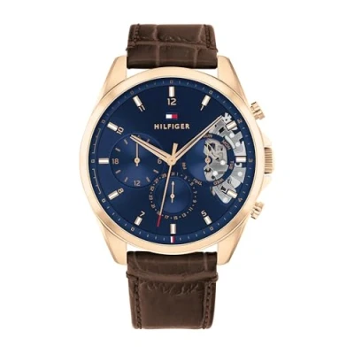 Imagen de Tommy Hilfiger Reloj Analógico de Cuarzo multifunción para hombre con correa malla acero inoxidable y piel, Marrón, Piel