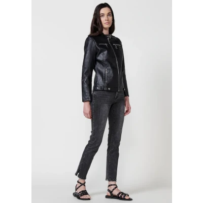 Imagen de Chaqueta Cazadora de efecto piel manga larga con Cuello redondo y Cierre delantero cremallera color Negro para Mujer