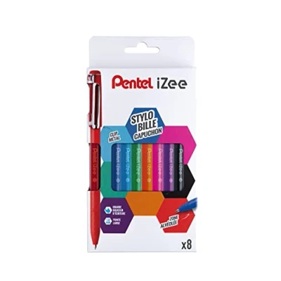 Imagen de Pentel iZee BX460 Lote de 8 bolígrafos con tapa metal, punta ancha, 1 mm, color negro, rojo, azul, verde, naranja, rosa, azul y morado