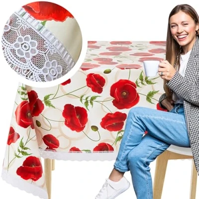 Imagen de KP HOME Mantel Hule Mesa Rectangular 200 x 140 cm Manteles PVC para Exterior e Interni Paño de Aceite Vinilo Impermeable Antimanchas con Diseño Encaje Floral Amapolas