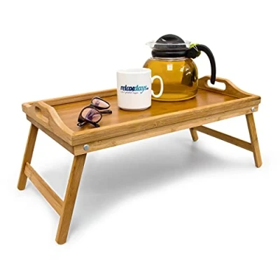 Imagen de Relaxdays 10012858 Bandeja para Cama, Mesita Desayuno, con Asas y Patas Plegables, Bambú MDF, 23 x 60 30 cm, Hogar, Natural, 50x30x23 cm