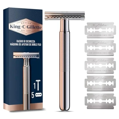 Imagen de King C. Gillette Maquinilla De Afeitar Doble Filo Barba, Para Hombre + 5 Cuchillas Recambio, Las Mejores Hojas Con Revestimiento Platino