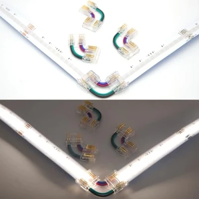 Imagen de Boarda conector de tira LED COB RGBW, 10 conectores 5 pines en forma L 90, sin huecos transparentes 12 mm, para luz RGBW mm ancho (5P