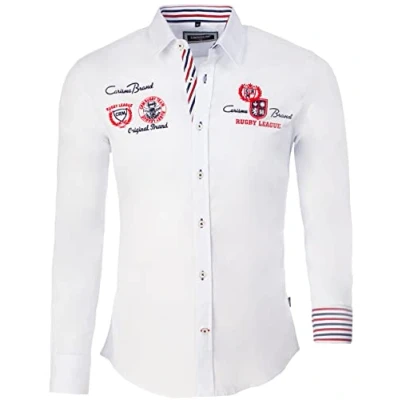 Imagen de CARISMA Camisa informal de manga larga para hombre con bordado y contraste en los puños, tira botones, informal, tiempo libre 8004, Blanco, M