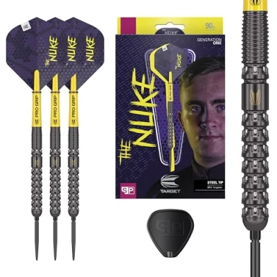 Imagen de TARGET Darts Luke Littler G1 22G 90% tungsteno Swiss Point juego de dardos punta acero, suiza, herramienta SP incluida, The Nuke, ejes Pro Grip, Ultra No.2