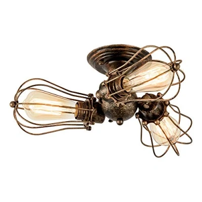 Imagen de Lámpara de techo Vintage Enchufe Industrial Ajustable Jaula Alambre Metálico Montaje Semi Empotrado Rústica Metal (sin bombilla) (con 3 bombillas) (Bronce)