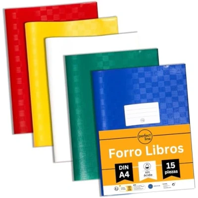 Imagen de perfect line 15 fundas de rafia DIN A4, 5 colores, con etiqueta para rotulación, protector cuaderno polipropileno reciclable, indeleble