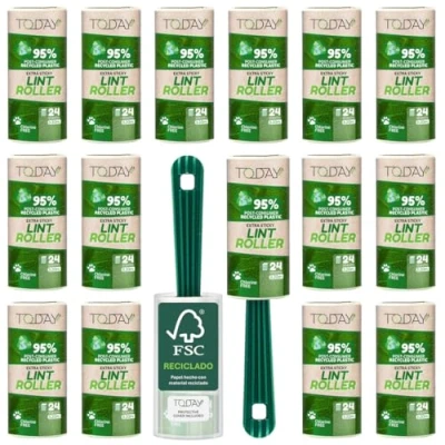 Imagen de Today Eco Rodillo Quitapelos Mascotas: 16 Rodillos + Tapa 2 Mangos, 95% Plástico Reciclado Cepillo Quita pelos Gatos, 24 Hojas Extra Adhesivas. Quitapelusas Ropa