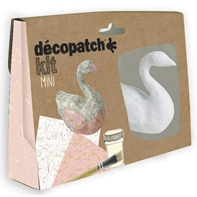 Imagen de Décopatch KIT027C un minikit con animal de papel pulpado blanco, 2 hojas Décopatch, pincel y bote esmalte pegamento, cisne