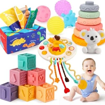 Imagen de Gontence Juguetes Bebes, 5 in 1 Niños año, Montessori, Sensoriales Bebe Pelotas Bloques Apilables Caja De PañUelos Bebe, Regalo 6 12 Meses