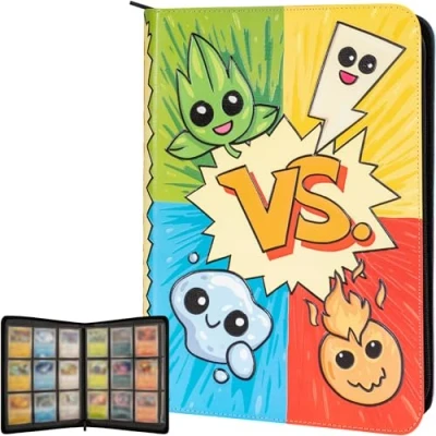 Imagen de 3D Album Cartas para Pokemon Diseño de los Tipos PKM en Relieve Cuero PU. Archivador con Cremallera e 9 Bolsillo 360 tarjetas. Card Binder/Album Grande