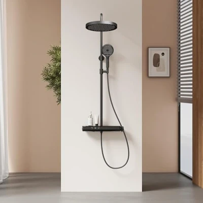 Imagen de EMKE Columna de Ducha Termostática con Estante Cristal, 320mm Lluvia Extra Grande, Mano 3 Tipos Chorro,Negro Mate, Altura Adjustable 818 1068mm