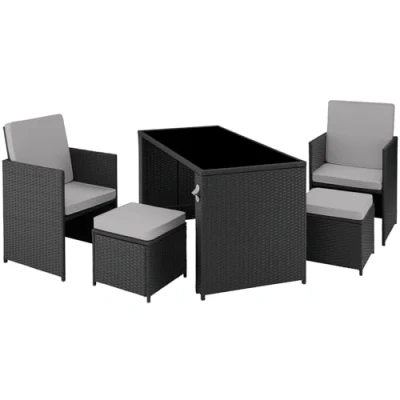 Imagen de TecTake® Conjunto Jardín Exterior de Ratán y Acero, Muebles Resistente a la Intemperie, 2 Sillones Plegables, 1 Taburete, Mesa con Cristal, Cojines Abrebotellas Negro/Gris