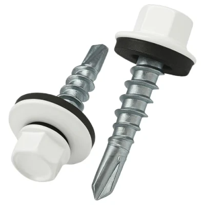 Imagen de 4.8 mm x 35 Tornillos para techos, cabeza hexagonal, autoperforantes, (RAL 9010 Blanco puro) con arandela de sellado EPDM, Tornillo endurecido chapado en zinc a prueba óxido 50 pcs