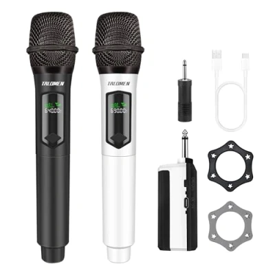 Imagen de talomen,Micrófono Inalámbrico,2.4G Daul Microfonos Inalambricos Set con Receptor,Microfono Inalambrico Karaoke Profesional,Microfono Dinámico Recargable,160ft,para Karaoke,Boda,DJ,K60 2 Negro Blanco