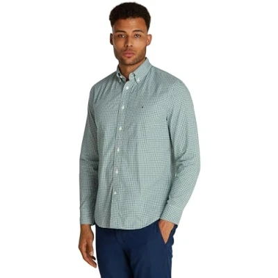 Imagen de Tommy Hilfiger Flex Poplin Gingham RF Shirt MW0MW37548 Camisa L/S, Green (Nouveau Green/Optic White), XXL para Hombre