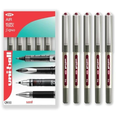 Imagen de uni ball EYE UB 157 Bolígrafos de punta redonda 0,7 mm, color vino tinto, paquete 5 en caja regalo