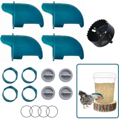 Imagen de Comederos para pollos, sin residuos, 4 puertos + sierra de aguja, alimentador automático pollo, aves corral a prueba lluvia patos, gansos, pájaros, codornices