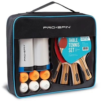 Imagen de PRO SPIN Set de Ping Pong Portátil Kit Premium con Red Retráctil para Cualquier Mesa, Palas, Pelotas 3 Estrellas y Caja Almacenamiento Regalo Ideal Interior/Exterior