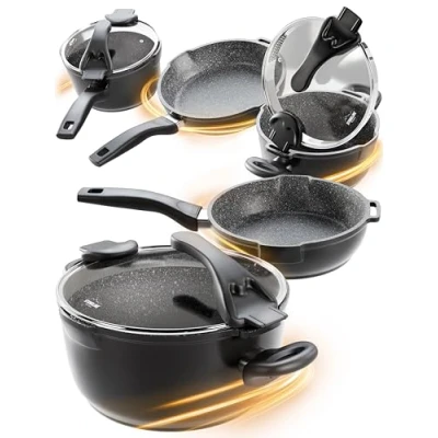 Imagen de STONELINE FUTURE Batería de Cocina 8 Piezas 18/20/24 cm Ollas Sartenes Induccion Tapa Coladora Revestimiento Antiadherente con Partículas Piedra Reales, Todo Tipo Cocinas, Cocinar Sin Grasa, Grigio