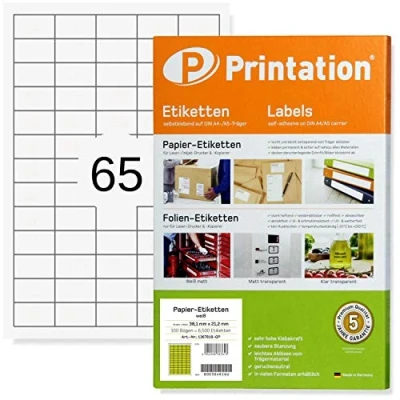 Imagen de Printation etiquetas de calidad 6500 stickers 38,1 x 21,2 mm autoadhesivas e imprimibles 100 hojas A4 5x13 38,1x21,2 labels 65 por hoja papel adhesivo para imprimir