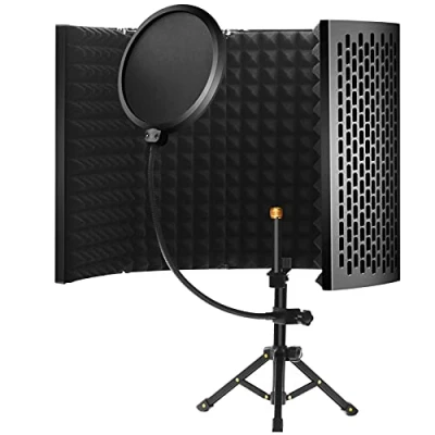 Imagen de escudo de aislamiento micrófono con trípode, cabina vocal, filtro pop 5 paneles plegable espuma absorbente sonido, para Yeti azul y cualquier equipo estudio