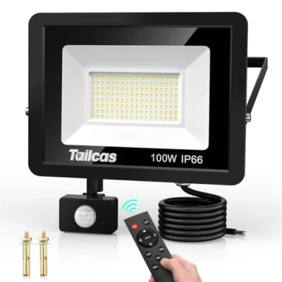 Imagen de Tailcas 100W Focos LED Exterior con Sensor de Movimiento, IP66 Impermeable Foco Proyector Control Remoto, 9000LM, 6500K Blanco Frío o Interior para Jardín, Patio, Garaje