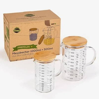Imagen de TreeBox Juego de 2 vasos medidores cristal con boquilla, vaso medidor 1 l y 0,5 l, resistente al calor, apto para lavavajillas microondas, diferentes unidades medida, perfecto hornear