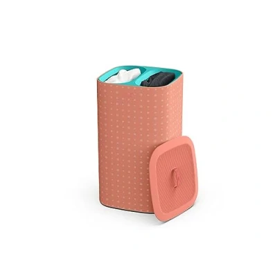 Imagen de Joseph Tota Pop, Cesto de la ropa sucia con tapa, 60 litros, sistema separación colada 2 bolsos extraíbles asas, Coral/Verde