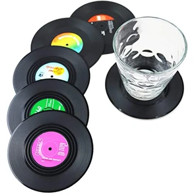 Imagen de Dr.JIEER 6 posavasos con forma de discos y CD color negro (6)