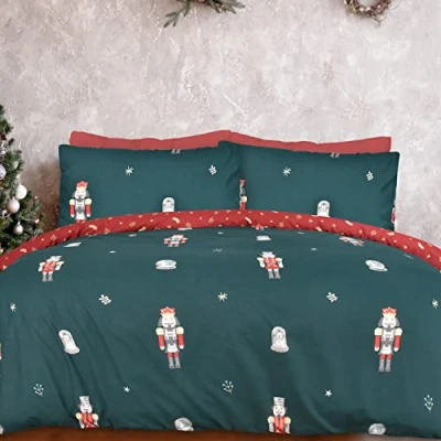 Imagen de Sleepdown Juego de Funda edredón Reversible con Fundas Almohada y Navidad diseño Cascanueces Vino Verde Festivo, fácil Cuidado, Doble (200 cm x 200 cm)