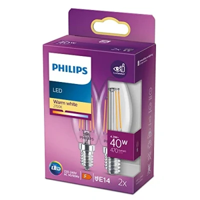 Imagen de Philips Bombilla LED Cristal, 40W, Vela Filamento E14, Filamento, Luz Blanca Cálida, No Regulable, Pack de 2 Unidades