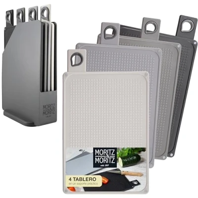 Imagen de Moritz &amp; 4x Tabla de Cortar Cocina con Soporte 20,5 x 14,5 cm Tablas para corte Superficie Texturizada Antideslizamiento Seguridad asas en un Práctico