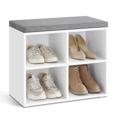 Imagen de VASAGLE Banco Zapatero, Organizador Zapatero con 4 Compartimentos y 2 Estantes Ajustables, Asiento Acolchado, Compacto, para Entrada, Pasillo, Armario, Blanco Nube LHS234W01