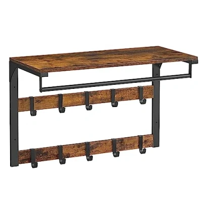 Imagen de VASAGLE Perchero de Pared, Colgante con 10 Ganchos Extraíbles, Doble Fila y Barra Colgar, para Pasillo, Dormitorio, Baño, Marrón Rústico Negro LCR101B01