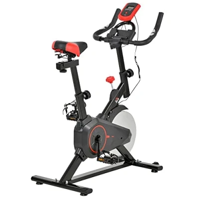 Imagen de HOMCOM Bicicleta Estática Ciclo Indoor con Pantalla LCD Pulsómetro Sillín y Manillar Ajustables en Altura Volante de Inercia 6 kg Resistencia Regulable 85x46x114 cm Negro Rojo