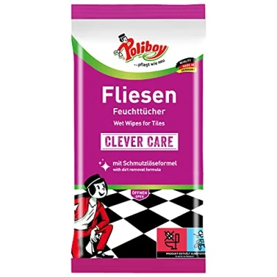 Imagen de Poliboy Toallitas húmedas para azulejos, ideal la limpieza intensiva de azulejos y suelos piedra, 1 x 15 unidades, fabricadas en Alemania