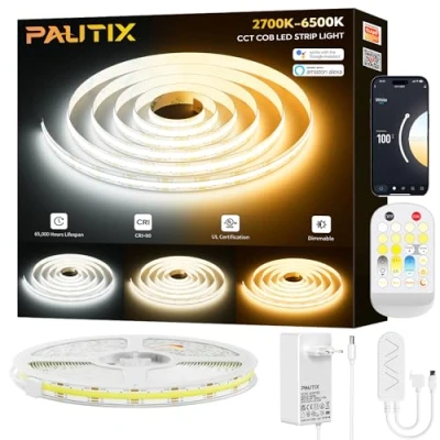 Imagen de PAUTIX Smart WIFI Tira LED COB CCT 5M,Regulable 2700K 6500K COB, Inteligentes Funciona con Alexa y Google Asistente para Gabinete de Cocina,Habitación,TV