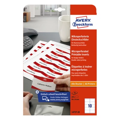 Imagen de Avery L4727 20 Tarjetas de identificación (54 x 90 mm, A4, 200 tarjetas), blanco y rojo