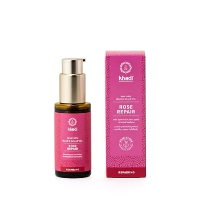Imagen de khadi ROSE REPAIR Aceite capilar ayurvédico, 100% natural, vegetal y vegano, tratamiento intensivo regeneración para cabello estructuralmente dañado, seco puntas abiertas, cosmética natural 50ml