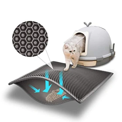 Imagen de Pieviev Alfombra Estera Arena Gatos 61x38cm Doble Capa Impermeable Alta Elástico EVA Adecuado para Arenero Autolimpiable Cubierto, Fácil de Limpiar Gris