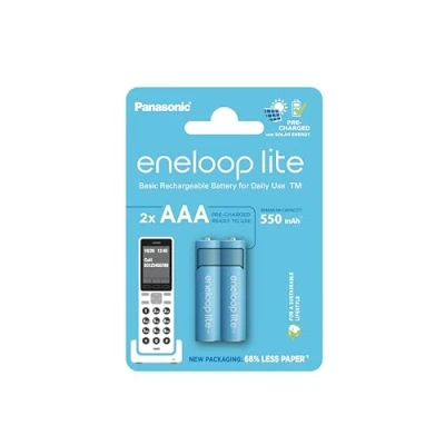 Imagen de eneloop lite, pilas recargables AAA/Micro, paquete de 2, capacidad mín. 550 mAh, Ni MH, listas para usar, hasta 3000 veces, embalaje sin plástico, azules