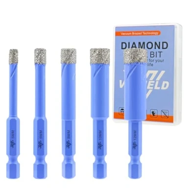 Imagen de Juego de Brocas Diamante Seco 5 Piezas 5/6/8/10/12mm Corona Diamnate para Baldosas Porcelana Cerámica Mármol Granito Vástago Hexagonal Cambio Rápido con Estuche VENJELD