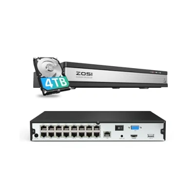 Imagen de ZOSI 16CH 4K PoE NVR con Disco Duro de 4 TB, Grabador videovigilancia para cámara IP 2MP/3MP/4MP/5MP/8MP 4K, Funciona Solo cámaras