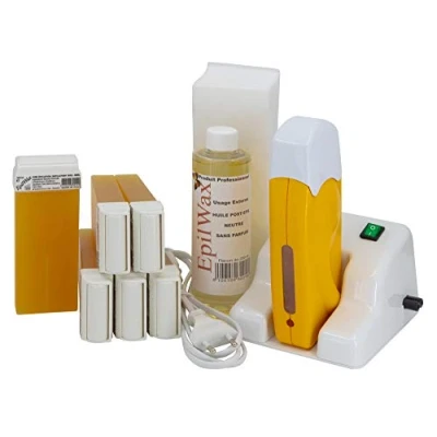 Imagen de Epilwax Completa Kit Depilazione con Cera de miel Base Modulare Incluye 6 Cartuchos Roll On Recambiables, Calentador On, 100 Tiras y Aceite Depilación
