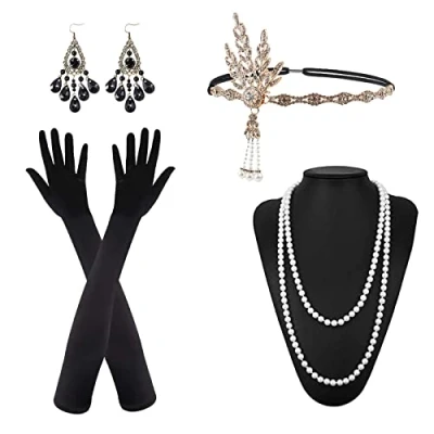 Imagen de VIKSAUN 1920s Accesorios Set, Años 20 Fiesta Disfraz, Collar con Diadema Aleta, Pendientes, Guantes Negros Largos, Great Gatsby para Mujer, Fiestas Temáticas
